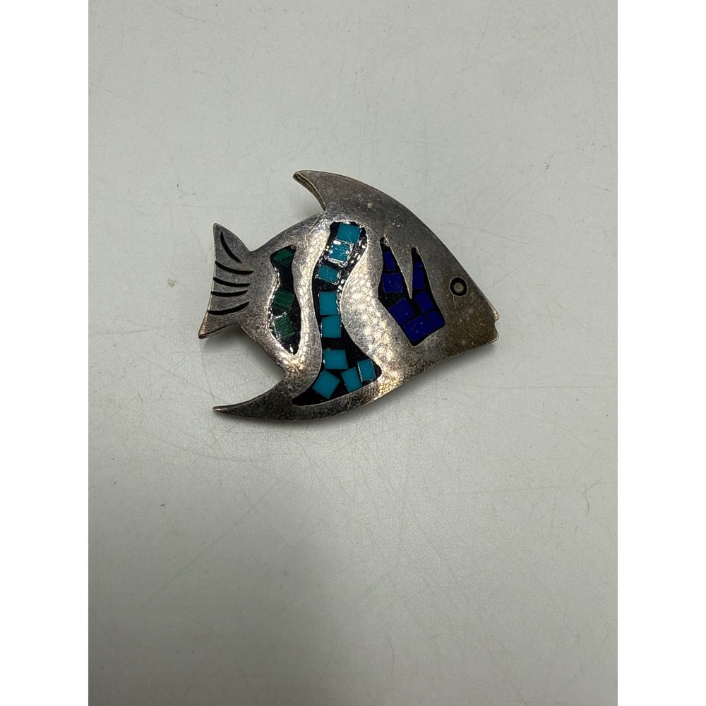 Vintage Mexico 925 Sterling Silver Fish Brooche Turquoise Lapis‎ Inlay Taxco Pin